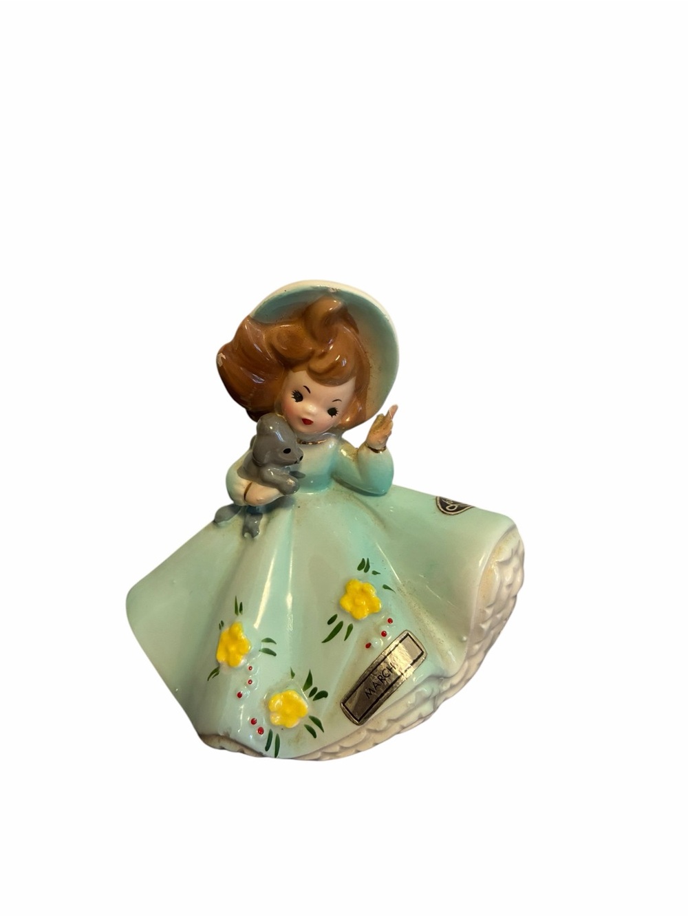 Josef Originals March Birthday Girl Figurine Vintage Aqua Dress with Cat READ